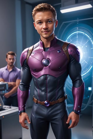 photo of handsome man, 30 year old American man, Hawkeye, from the "Avengers", (standing in a secret technology laboratoire), epiC35mm, film grain, (freckles:0.0), full body shot, (plain background:1.6), average body, pale skin, (((Hawkeye suit))), short brunette hair,  photo of perfect eyes, dark eyes, smiling face,