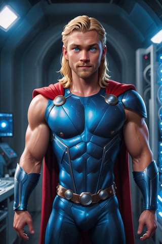 photo of handsome man, 30 year old Norwegian man, Thor, from the "Avengers", (standing in a secret technology laboratoire), epiC35mm, film grain, (freckles:0.0), full body shot, (plain background:1.6), muscular body, pale skin, (((Thor suit))), long blond hair,  photo of perfect eyes, dark eyes, smiling face,