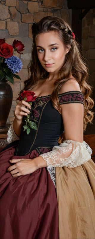 (masterpiece, best quality, ultra-detailed, 8K),high detail, realisitc detailed,
a sexy young princess with flowy hair over shoulders in the dark, medieval gown , cuddling a bottle of stout, wreath, detailed eyes, soft skin, kind smile, glossy lips, details of colorful flowers,
a serene and contemplative mood,well lit  background consists of a medieval castle chamber,