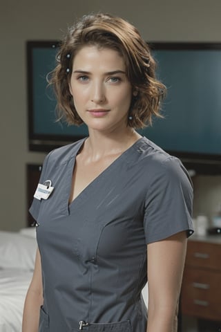 ((masterpiece, best quality)), absurdres, (Photorealistic 1.2), sharp focus, highly detailed, top quality, Ultra-High Resolution, HDR, 8K, photo of beautiful Russian woman, 25 years old, (((Maria hill (Cobie Smulders:1.2) from "Avengers" reimagined as a female nurse))), (E.R. soap opera style), (standing by a hospital bed in an emergency room at night), epiC35mm, film grain, (freckles:0.0), upper body shot, (plain background:1.6), hourglass body, (((medium-size breasts))), pale skin, (((dark grey scrubs))), short black hair, detailed blue eyes, warm smile face, cute face,
