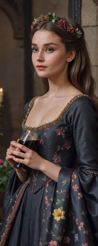 (masterpiece, best quality, ultra-detailed, 8K),high detail, realisitc detailed,
a sexy young princess with long flowy hair over shoulders in the dark, medieval gown , cuddling a bottle of stout, wreath, detailed eyes, soft skin, kind smile, glossy lips, details of colorful flowers,
a serene and contemplative mood,well lit  background consists of a medieval castle chamber,