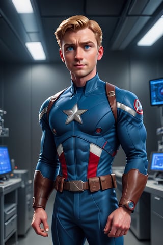 photo of handsome man, 30 year old American man, Steve Rogers, from the "Avengers", (standing in a secret technology laboratoire), epiC35mm, film grain, (freckles:0.0), full body shot, (plain background:1.6), muscular body, pale skin, (((Captain America suit))), short blond hair,  photo of perfect eyes, dark eyes, smiling face,