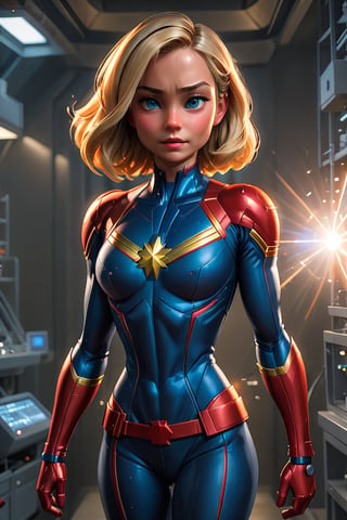 photo of pretty woman, 21 year old American woman, Carol Danvers, from the "Avengers", (standing in a secret technology laboratoire), epiC35mm, film grain, (freckles:0.0), full body shot, (plain background:1.6), average body, big boobs, wide hips, pale skin, (((Captain Marvel sit))), short blond hair,  photo of perfect eyes, dark eyes, serious face,