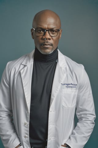 ((masterpiece, best quality)), absurdres, (Photorealistic 1.2), sharp focus, highly detailed, top quality, Ultra-High Resolution, HDR, 8K, photo of handsome African-American man, 50 year old man, (Nick Fury from the "Avengers") (Samuel L. Jackson:1.2) (((as a male nurse in an E.R. soap opera))) (standing in an Emergency room), epiC35mm, film grain, (freckles:0.0), upper body shot, (plain background:1.6), athletic body, dark skin, (((black turtleneck, lab coat))), balls,  photo of perfect eyes, dark eyes, detailed face, serious, cool color grading,