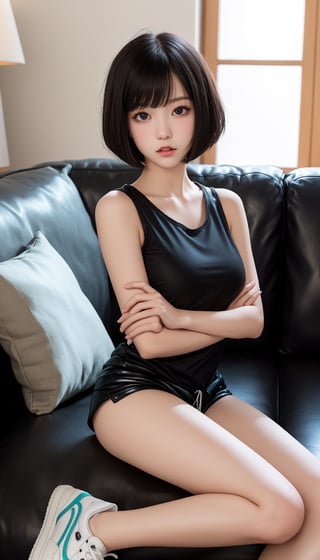 Exquisite detail, detailed background, surreal, petite cute girl, short body, young, black straight hair, bob cut hair, black t-shirt, bottomless, no shorts, no pants, no panties, sitting on sofa, dark leather couch, living room, warm light falling on body, narrowed eyes, serious expression, sneakers