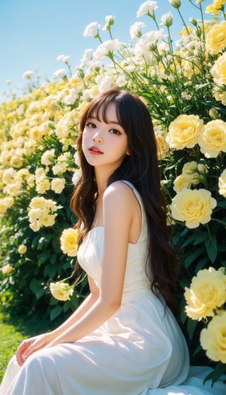 one girl, long hair, flowers, lisianthus, in the style of yellow and light azure, dreamy romantic work, yellow, ethereal foliage, playful arrangement, fantasy, high contrast, ink strokes, explosion , exposure exposure, yellow and white tone impression, abstract, attractive pose, sitting,