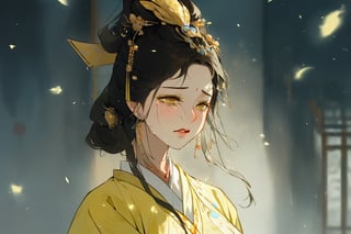 In ancient China, A female with light yellow clothes is crying, an,gf-hd,chinese_hairstyle