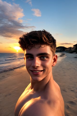 16 year old streamer handsome appearance a beautiful sunset, gym physique ,real life effects,motion effects,no buildings,clear clouds,beach place,White skin color,Real life landscape,hunter eyes,and defined jaw,a smiling or attractive face,

,handsome Italian