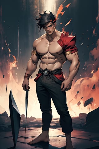 A dramatic portrait of Zagreus, standing tall with a chiseled physique, showcasing his impressive muscle definition and rugged features. He stands confidently, feet shoulder-width apart, against a dark background, allowing his physique to take center stage. Harsh lighting highlights the contours of his abs and biceps, while a subtle shadow accents the sharp edges of his jawline. The overall framing emphasizes Zagreus' powerful presence.