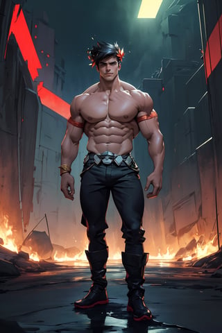 A dramatic portrait of Zagreus, standing tall with a chiseled physique, showcasing his impressive muscle definition and rugged features. He stands confidently, feet shoulder-width apart, against a dark background, allowing his physique to take center stage. Harsh lighting highlights the contours of his abs and biceps, while a subtle shadow accents the sharp edges of his jawline. The overall framing emphasizes Zagreus' powerful presence.