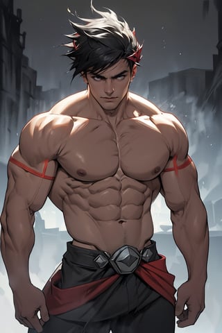 Close-up shot of Zagreus, posed confidently in a powerful stance, showcasing his chiseled and toned physique. His muscular arms flexed, chest broadened, and abs rippled as he stands tall, radiating strength and confidence. Dark, atmospheric lighting enhances the shadows on his body, highlighting every contour and definition. The background is blurred, focusing attention solely on Zagreus's imposing figure.