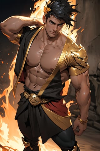 Zagreus poses confidently in a tight close-up shot, his chiseled physique dominating the frame. Warm lighting accentuates defined muscles, casting a golden glow on his rugged features as he stands with feet shoulder-width apart. The blurred background emphasizes his powerful, imposing presence, drawing attention to his sculpted chest and arms.