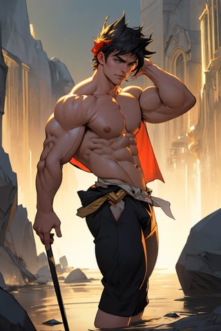 Zagreus' chiseled physique fills the frame, broad chest and bulging biceps radiating strength under warm golden lighting. Neutral background emphasizes his powerful shoulders, defined abs, and confident stance, weight evenly distributed between two feet as he stands proud, awaiting challenge or adventure.