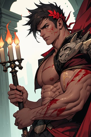 Close-up shot of Zagreus, a powerful demon from the Bloodstained series, standing tall with his chiseled physique prominent. Muscular arms flexed at his sides, broad shoulders squared, and a stern expression etched on his face. Dark red skin glistens in dimly lit surroundings, as if illuminated by flickering candles or torches.