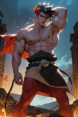 Close-up shot of Zagreus' chiseled physique, showcasing his defined muscles as he stands confidently with feet shoulder-width apart. Strong lighting accentuates the contours of his chest and arms, casting a warm glow on his rugged features. The background is blurred, focusing attention solely on the powerful demon's imposing presence.