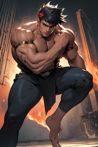 Close-up shot of Zagreus standing confidently, his powerful physique on full display. Muscular definition radiates from his arms, chest, and legs, accentuated by subtle lighting that highlights every curve and contour. His pose exudes strength and authority, feet shoulder-width apart as if ready to pounce into action. Dark background allows his imposing figure to take center stage.