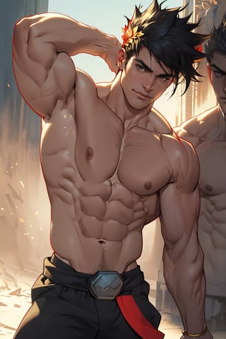 Close-up shot of Zagreus' chiseled physique, showcasing his impressive muscular development from various angles. His bulging biceps and defined pectorals are highlighted by a warm golden lighting, casting subtle shadows on his rugged skin. The camera pans across his broad chest, powerful shoulders, and toned abs as he strikes a dynamic pose, exuding confidence and strength.
