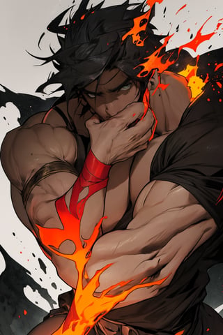 A close-up shot of Zagreus, a powerful demon with a massive, imposing physique, his large muscles rippling beneath his dark, scaly skin as he flexes his arm, the lighting casting deep shadows on his face and highlighting the sharp contours of his features. The background is a dark, eerie abyss, with faint, flickering flames dancing in the distance.