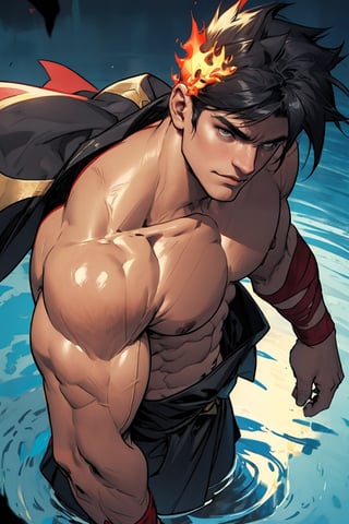 Close-up shot of Zagreus's powerful physique: his chiseled muscles ripple beneath sun-kissed skin as he stands confidently, fists clenched and eyes blazing with intensity. Softly lit from above, the warm glow highlights every contour, emphasizing his imposing build. The dark background provides a striking contrast to his radiant form, drawing attention to his formidable physicality.