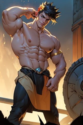Close-up shot of Zagreus's powerful physique: broad shoulders, bulging biceps, and defined abs. His chiseled chest is highlighted under warm golden lighting, emphasizing the curves of his muscular frame as he stands confidently, feet shoulder-width apart, with a subtle smirk on his face, exuding strength and dominance.