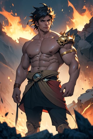 Zagreus' chiseled physique fills the frame, muscles rippling beneath his bronzed skin as he stands with confident swagger, feet shoulder-width apart. Warm lighting casts a golden glow on his rugged features, accentuating the contours of his chest and arms. The blurred background fades into obscurity, concentrating all attention on the demon's imposing presence, radiating unyielding power.