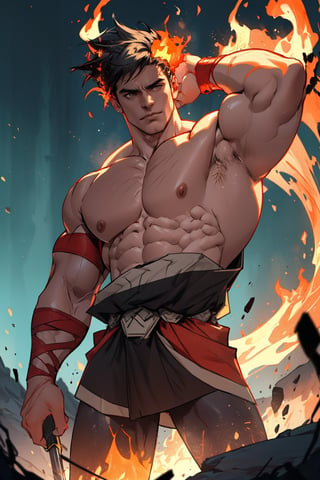 Close-up shot of Zagreus standing tall, massive muscular physique dominating frame. He grips gleaming sword, veins bulging beneath skin-tight scales as he flexes chiseled arms. Fiery pit underworld glows in BG, casting ominous orange hue over powerful form.