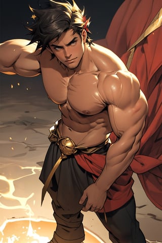 Zagreus poses confidently in a tight close-up shot, his chiseled physique dominating the frame. Warm lighting accentuates defined muscles, casting a golden glow on his rugged features as he stands with feet shoulder-width apart. The blurred background emphasizes his powerful, imposing presence, drawing attention to his sculpted chest and arms.