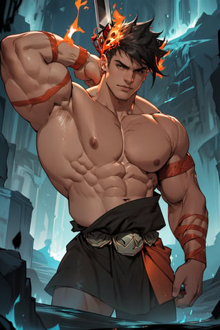 Close-up shot of Zagreus standing tall, his massive muscular physique dominating the frame. His chiseled arms flex as he holds a gleaming sword, veins bulging beneath skin-tight scales. The fiery pit of the underworld glows in the background, casting an ominous orange hue over his powerful form.