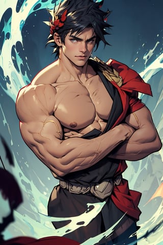 Zagreus with large muscular body without coverings on his chest, arms and shoulders 