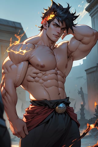 Golden light illuminates Zagreus' chiseled physique in a tight close-up shot, highlighting the defined muscles as he stands confidently with feet shoulder-width apart. His chest and arms appear sculpted, radiating strength and power. The warm glow emphasizes his rugged features, while the blurred background focuses attention solely on the demon's imposing presence, drawing the viewer's gaze to his unyielding determination.