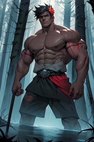 A dark, misty forest glows with an eerie blue light as Zagreus, a powerful demon with a chiseled, muscular physique, stands tall amidst the twisted trees. His eyes gleam like lanterns in the darkness, casting an otherworldly glow on his rugged features. The air is heavy with anticipation as he flexes his massive arms, ready to unleash hellish fury upon the unsuspecting world.