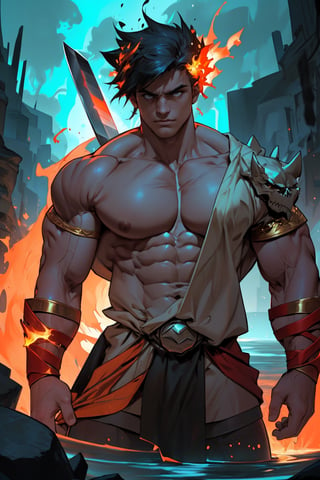 Close-up shot of Zagreus standing tall, his massive muscular physique dominating the frame. His chiseled arms flex as he holds a gleaming sword, veins bulging beneath skin-tight scales. The fiery pit of the underworld glows in the background, casting an ominous orange hue over his powerful form.