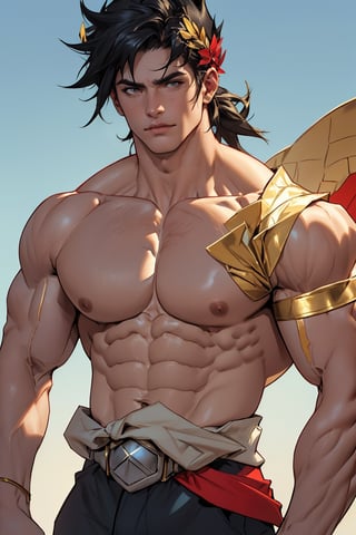 Close-up shot of Zagreus from the waist up, showcasing his incredibly toned and muscular physique. His broad shoulders and chest are accentuated by a subtle golden glow, highlighting the definition of his biceps and triceps. A faint smile plays on his lips as he confidently stands with feet shoulder-width apart, exuding a sense of strength and power.
