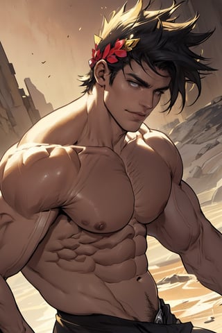 Close-up shot of Zagreus' chiseled physique, showcasing his impressive muscular development from various angles. His bulging biceps and defined pectorals are highlighted by a warm golden lighting, casting subtle shadows on his rugged skin. The camera pans across his broad chest, powerful shoulders, and toned abs as he strikes a dynamic pose, exuding confidence and strength.