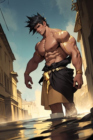 Golden-hued lighting bathes Zagreus' chiseled physique, highlighting his broad chest, bulging biceps, and powerful shoulders. The camera zooms in on his muscular form, framing it against a neutral background to emphasize the contours of his body as he stands confidently with feet shoulder-width apart.
