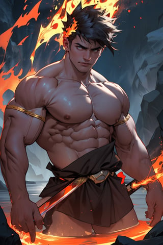 A close-up shot of Zagreus standing tall, his massive muscular physique dominating the frame. He stands proudly, his chiseled arms flexing as he holds a gleaming sword, veins bulging beneath skin-tight scales that seem to shimmer in the dim light. The fiery pit of the underworld glows ominously in the background, casting an orange hue over his powerful form and accentuating the sharp contours of his face, eyes blazing with determination as he gazes out into the infernal landscape.
