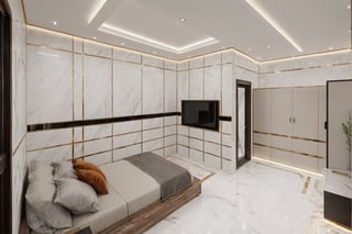 Raw photo,Masterpiece, high quality, best quality, authentic, super detail,
indoors, interior,  (bedroom :1.3)), modern style, daylight, (WHITE WALL),luxury, marble tile floor, wall tiling,