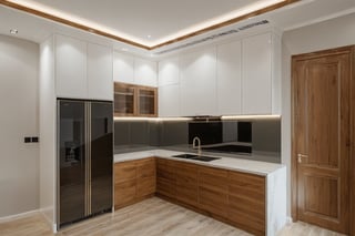 Raw photo,Masterpiece, high quality, best quality, authentic, super detail,
indoors, interior , ((DINING AND KITCHEN room :1.3)) cabinet, modern style, daylight, (WHITE WALL),Modern