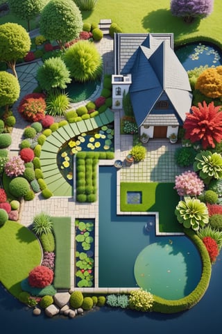 a drawing of a garden with a pond and a house, with a fishpond and courtyard, colorful architectural drawing, architectural illustration, complex and detailed, very detailed design, aerial illustration, detailed digital illustration, 2 d axonometric overhead view, high detail illustration, aerial perspective, residential design, really detailed, detailed design, impossibly detailed, insanly detailed