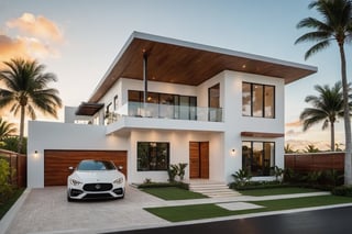 exterior house, contemporary style, white wall, wood wall, steel door, glass window, (realistic:1.2), Masterpiece, high quality, best quality, authentic, super detail, outdoors,road, trees, sky, cloud, (daylight:1.1), modern luxury villa, coconut trees, landscape, along the white beach, clear sky, day time, warm lighting RAW Photo, RAW texture, Super Realistic, 32K UHD, DSLR, soft lighting, high quality, film rating, Fujifilm XT3,Modern, Residential Architecture,  car in front of house