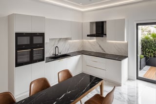 Raw photo,Masterpiece, high quality, best quality, authentic, super detail,
indoors, interior , ((kitchen and dining :1.3)), modern style, daylight, (WHITE WALL),luxury, marble tile floor, fridge, black stone counter top