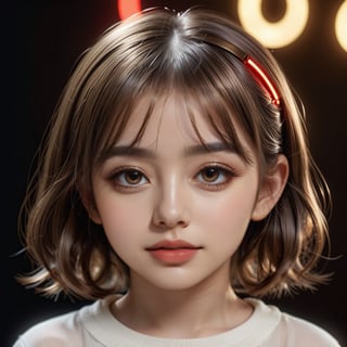 Please generate a 3D realistic photo with HDR high-definition quality, natural lighting, blurred background, and hyper-realistic decoration resembling a cute little girl made of glass blended with bronze. Bright eyes with transparent and golden-red tones, incorporating high-tech neon elements, including white and red materials, combined with metal and rubber. Delicate bronze decorative lines create a smooth and flowing appearance. The facial design adopts a complex symmetrical mask style, surrounded by abstract and gorgeous shapes. The background is minimal, with soft, colorful lights creating a dreamy sci-fi atmosphere. Aesthetic beauty meets technology and art in this ethereal setting.