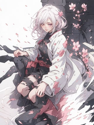full body,Blood Mist, background_Urban rooftop,1 girl,despair,blood sakura,((masterpiece)), (((best quality))), ((ultra-detailed)), ((illustration)), ((disheveled hair)),Blood Cherry Blossom,torn clothes,tearing with eyes open,solo,Blood Rain,bandages,Gunpowder smoke,beautiful deatailed shadow, Splashing blood,dust,tyndall effect
