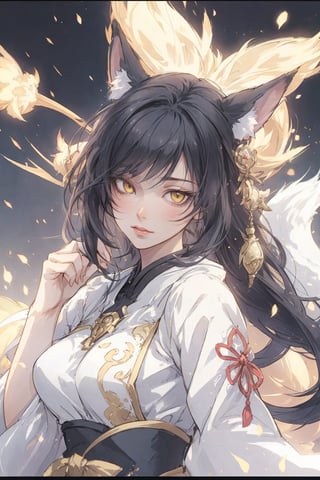 fox_tail,black-hair,5_figners,yellow_eyes,fox_girl,fox_ears,Ahri,midjourney,upper_body,1 girl,More Detail,perfect light,CJ painting