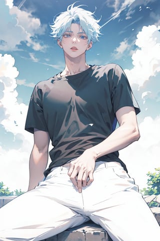 Highly detailed, High Quality, Masterpiece, Beutiful, (Medium long shot) ,anime, boy, Goyo satoru,gojou satoru, In a sexy position, wearing a black t-shirt, white baggy pants, with red lips, pale skin and sky-colored eyes, with a half realistic style,gojo satoru