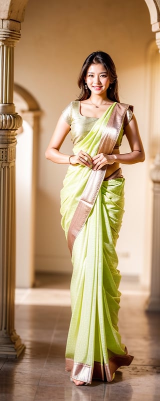 Best quality, masterpiece, ultra high res, (photorealistic:1.3), raw photo, 1girl, using saree,,glowing skin, confident smile,full body