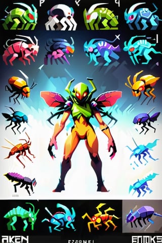 Professional game assets sheet for first person shooter game. Game enemies, 3d style, renders, alien, infestion, insect,  flat white background, good quality, detailed, Pixel Art, t-pose, game art, front view, low poly, retro, psx, dark colors, doom, quake, hexen
