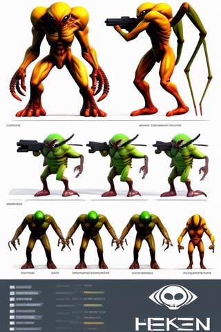 Professional game assets sheet for first person shooter game. Game enemies, 3d style, renders, anime, alien, infestion, insect, humanoid, warrior, flat white background, good quality, detailed, Pixel Art, t-pose, game art, front view, low poly, retro, psx, dark colors, doom, quake, hexen