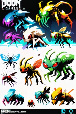 Professional game assets sheet for first person shooter game. Game enemies, 3d style, renders, alien, infestion, insect,  flat white background, good quality, detailed, Pixel Art, t-pose, game art, front view, low poly, retro, psx, dark colors, doom, quake, hexen