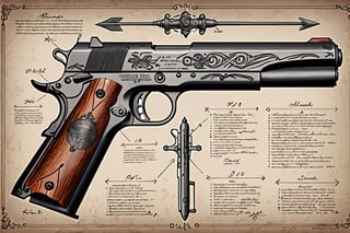 board with a detailed assembly instruction of a 1911, written descriptions, arrows and sketches